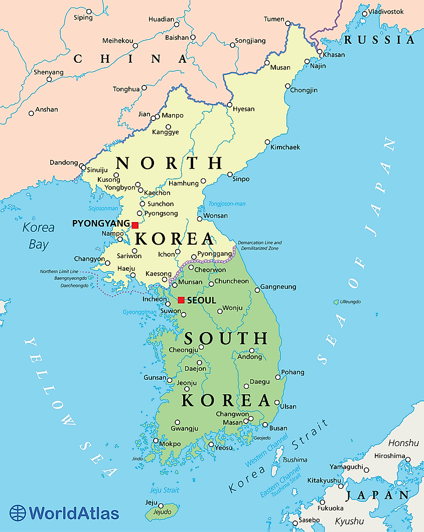 Покажи карту северной кореи. Политическая карта корейского полуострова. Северная и Южная Корея на карте. Граница Северной и Южной Кореи на карте. Северная Корея и Южная Корея на карте.