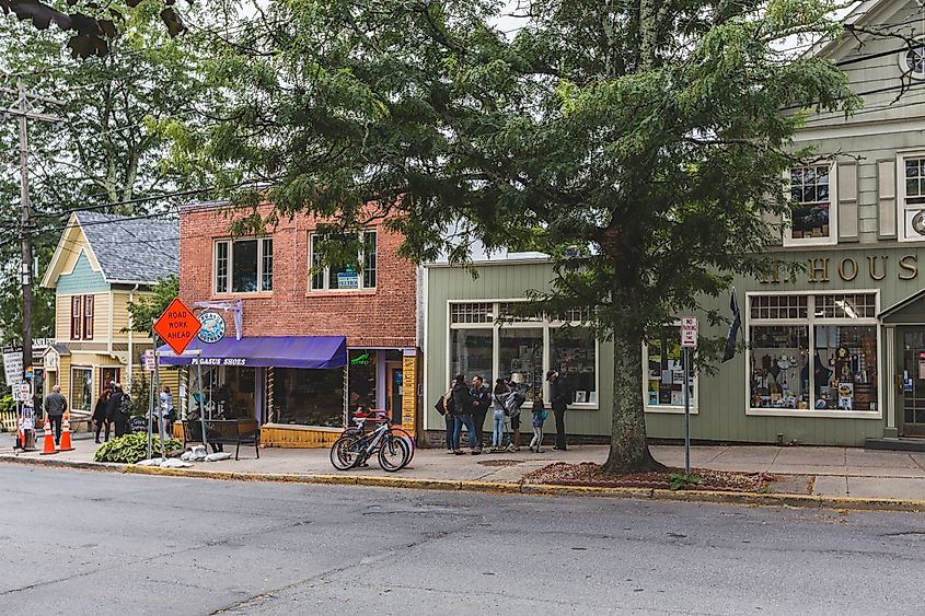 Legendary Woodstock village, streets, stores, and architectural details in Woodstock, New York, USA.
