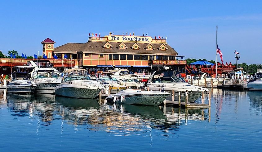 Boats tied up at A-Dock with the famous Boardwalk restaurant in Put-in-bay, Ohio.