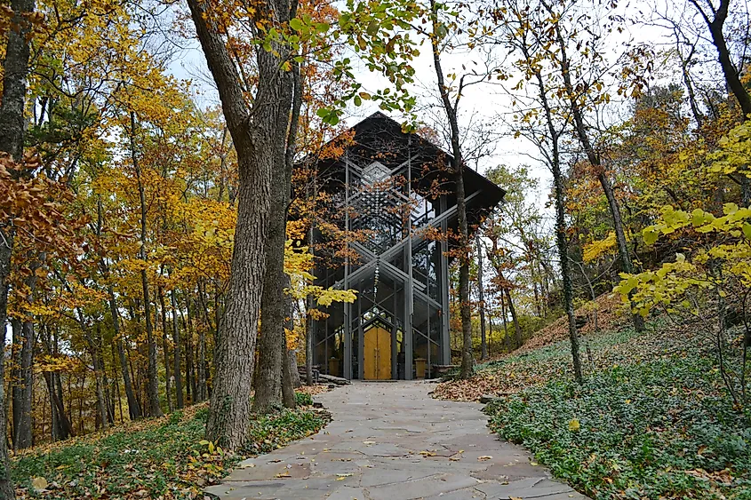 View of Thorncrown Chapel in Eureka Springs, Arkansas, in the fall.