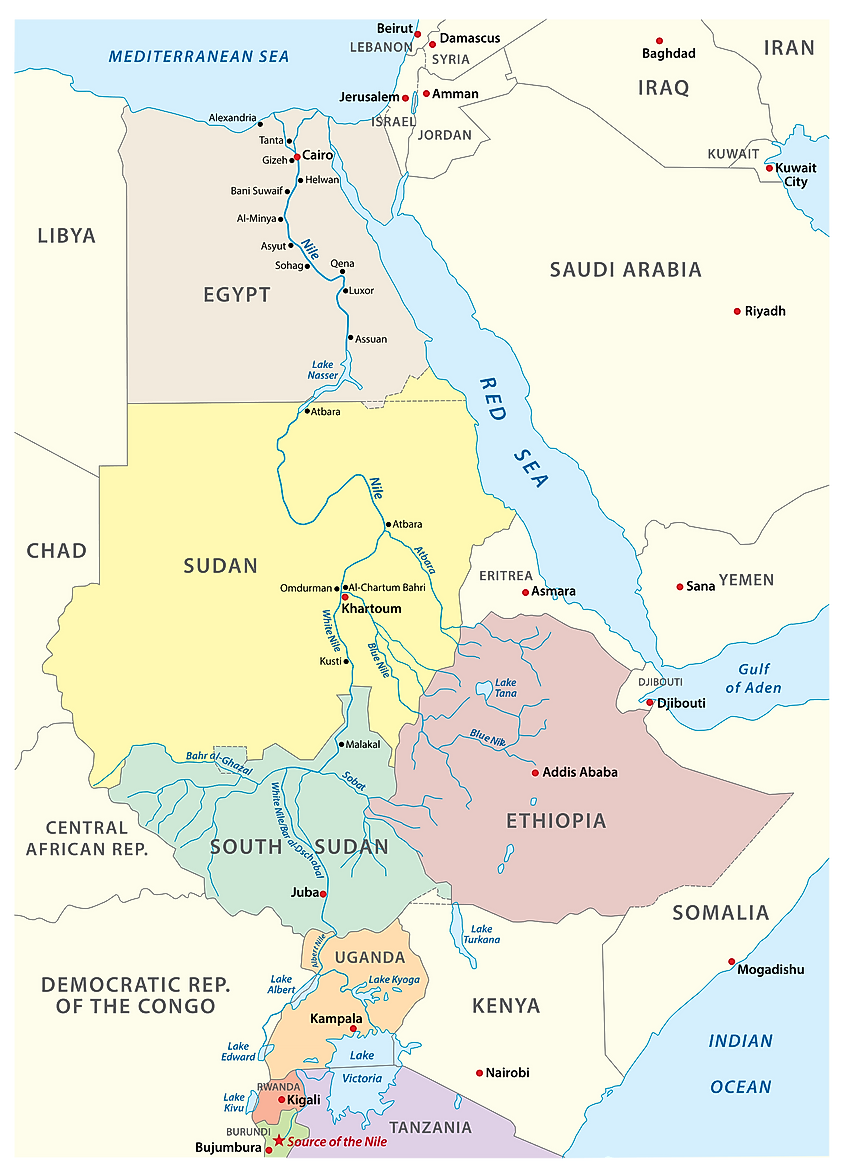 Map showing the Nile River with its main branches, White and Blue
