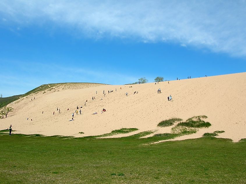 View of the Dune Climb with climbers, Sleeping Bear Dunes National Lakeshore, Michigan.