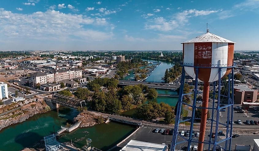 Aerial panoramic view of the waterfall in city of Idaho Falls, Idaho.