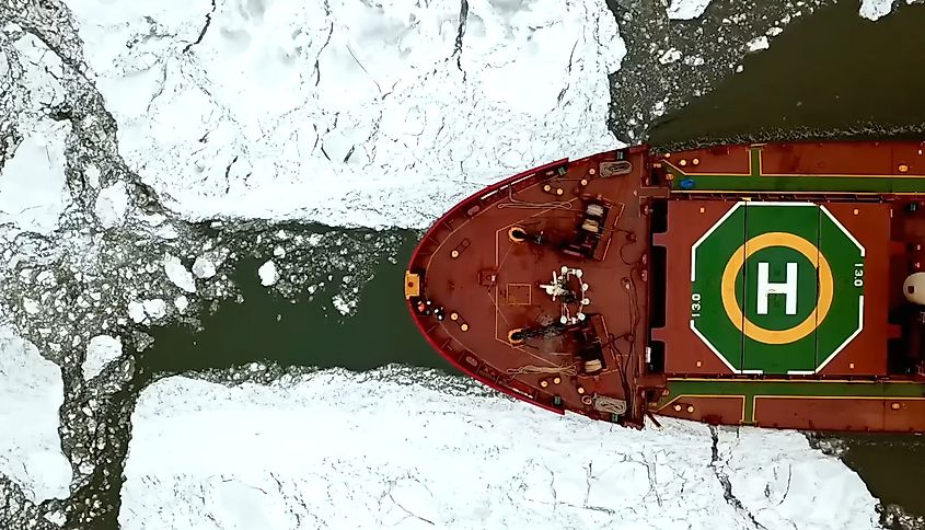 Aerial top-down view of a powerful icebreaker ship