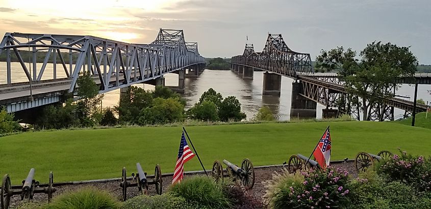 Two bridges crossing the Mississippi River in Vicksburg, Mississippi.