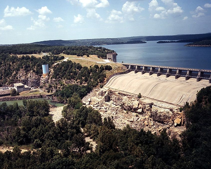 Aerial view of Tenkiller Ferry Lake (also known as Tenkiller Lake) and Dam on the Illinois River in Sequoyah County, Oklahoma