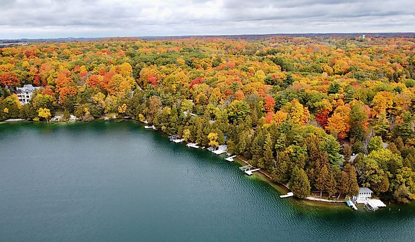 Aerial view of the fall foliage in Elkhart Lake