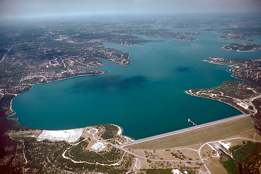 Aerial view of Canyon Lake and Dam on the Guadalupe River in Comal County, Texas