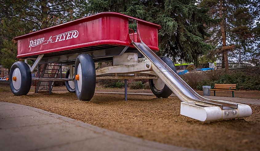     A giant replica of Redy Flyer Redy Flyer in Riverfront Park in the center of Spokane, wa