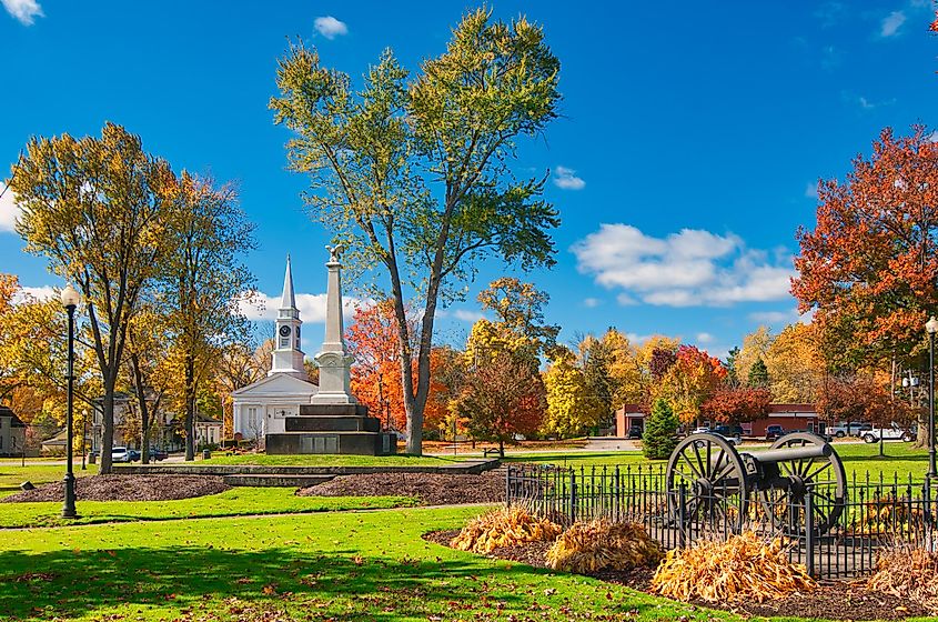 The township owned square in Twinsburg, Ohio, with landmarks and autumn colors.