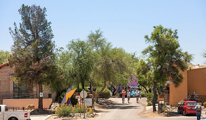 Afternoon sunlight shines on the downtown art galleries and stores of historic Tubac, Arizona.