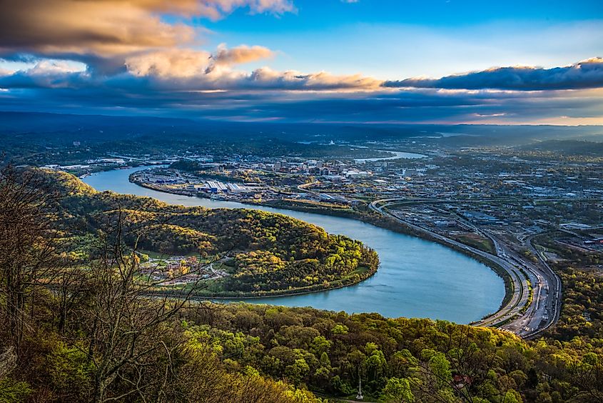 Drone Aerial View of Downtown Chattanooga, Tennessee, and Tennessee River.