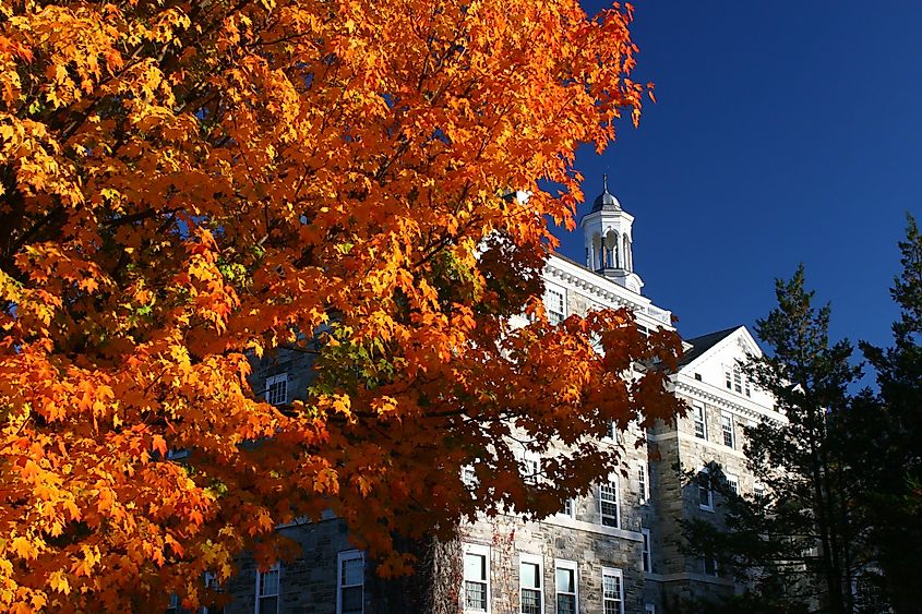 The street view of the small town Middlebury with fall foliage