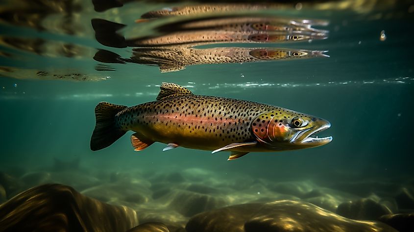 A rainbow trout swimming in a river. Image credit Henrik A. Jonsson via Shutterstock.