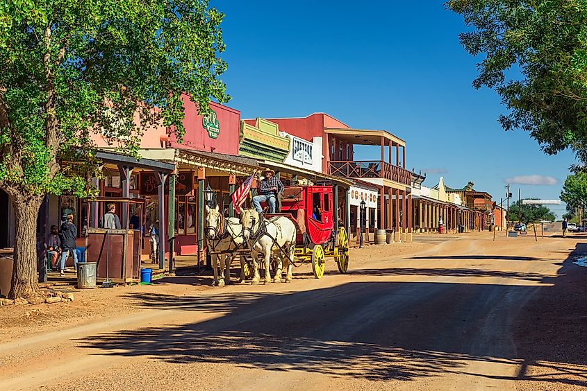 Historic Allen Street with a horse-drawn stagecoach in Tombstone, Arizona, USA. Built near the Goodenough Mine, Tombstone became a boomtown in the American frontier.