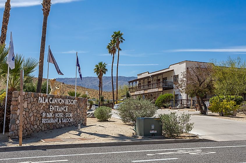 Palm Canyon Resort building and sign in Borrego Springs, California, USA.