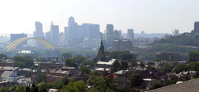 Sacred Heart Church in Bellevue, Kentucky, with Cincinnati, Ohio in the distance.