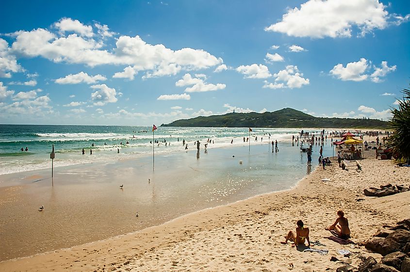 Tourists enjoying Main Beach of Byron Bay, a popular tourist destination in New South Wales, Australia