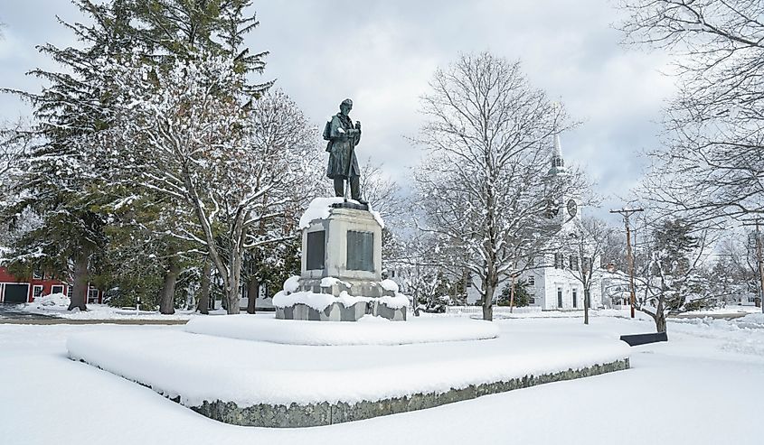 Snow covers the square after a storm in Amherst, New Hampshire