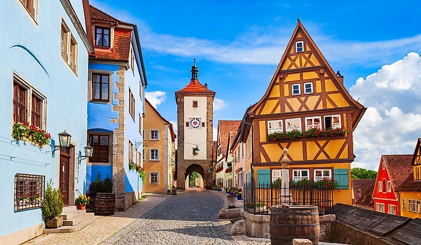 Plonlein square and Siebersturm Tower in Rothenburg ob der Tauber old town.