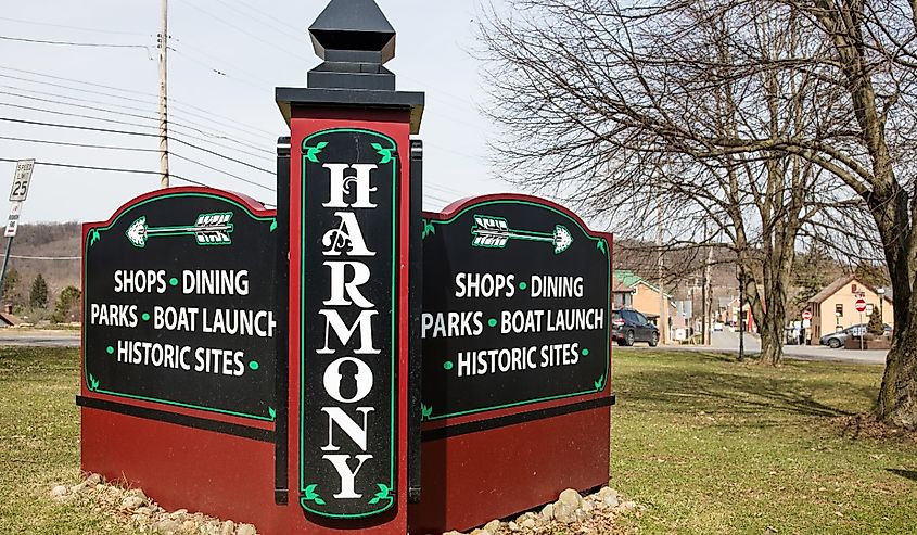 The sun shines over the Historic Harmony Sign in Pennsylvania.