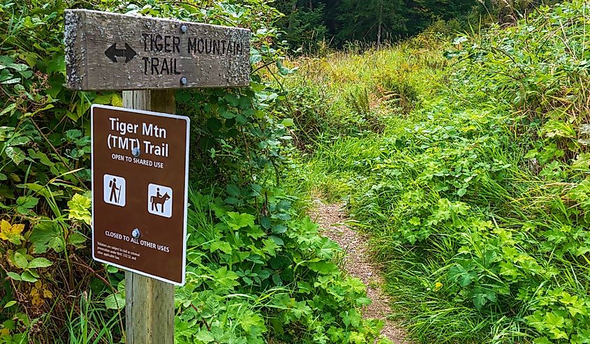 A sign on the trail in the Tiger Mountain State Forest, Washington