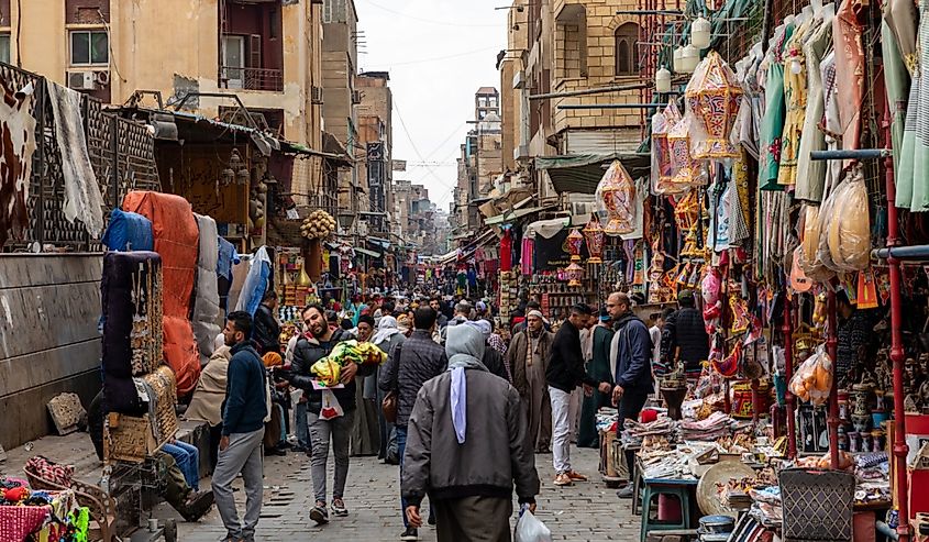  Crowds on a street in the Islamic part of the city of Cairo. 