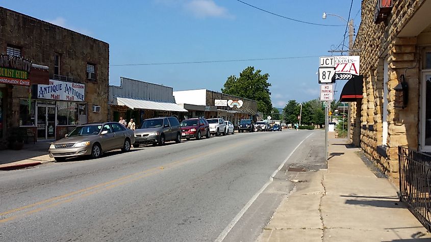 Historic businesses lining Highway 66, featuring vintage storefronts and signage that reflect the iconic road's rich history.