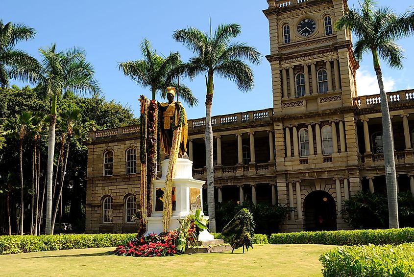 King Kamehameha statue adorned with vibrant leis