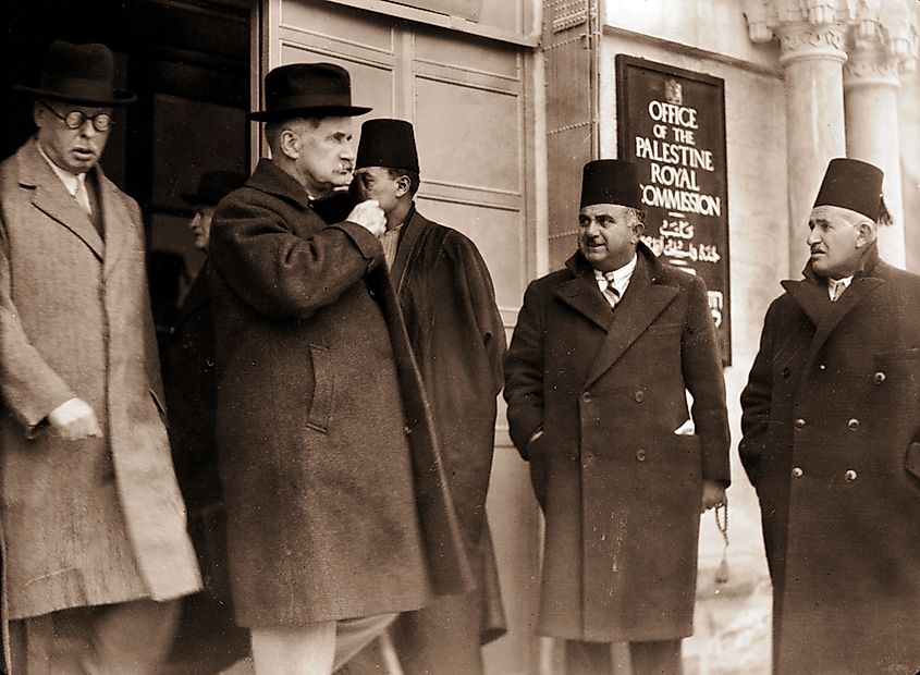 Lord Peel leaving the offices after taking evidence from Arab Higher Committee. Library of Congress/Public Domain.