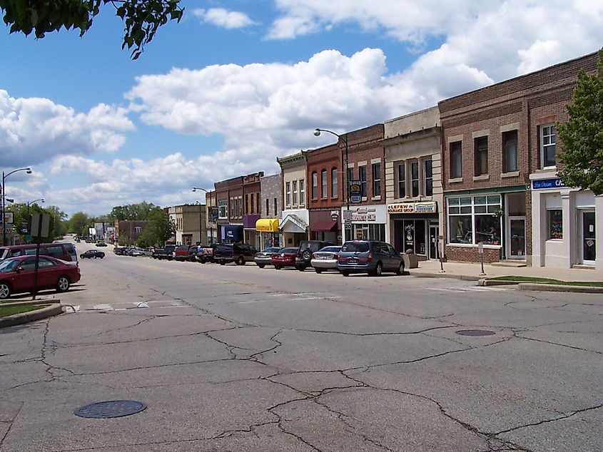 Ayer Street in downtown Harvard, Illinois.