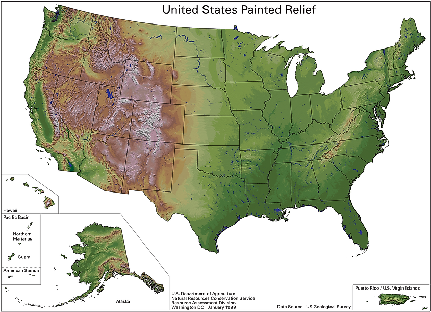 A topographical map of the United States. Source: Public Domain