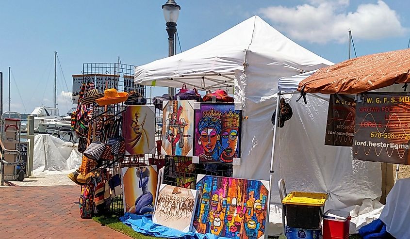 Paintings for sale at a Gullah festival in Beaufort.