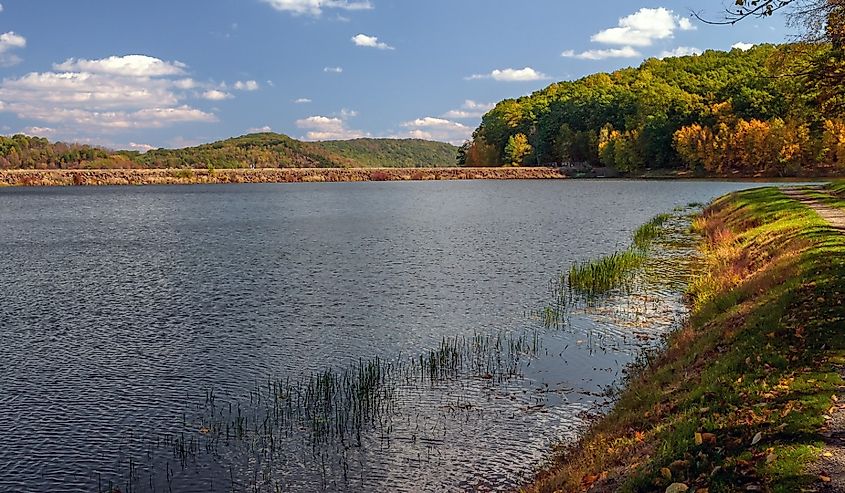 An early Autumn view of Round Valley Reservoir in Clinton New Jersey.