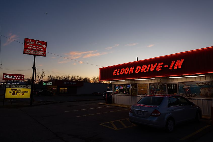 Sunset view of the Eldon Drive-In in Eldon, Missouri.