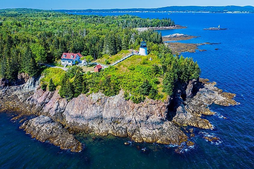 Aerial view of Owls Head Light located at the entrance of Rockland Harbor on western Penobscot Bay in the town of Owls Head, Knox County, Maine