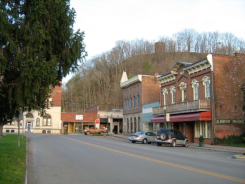 Rustic buildings in the historic district of Alderson in West Virginia.