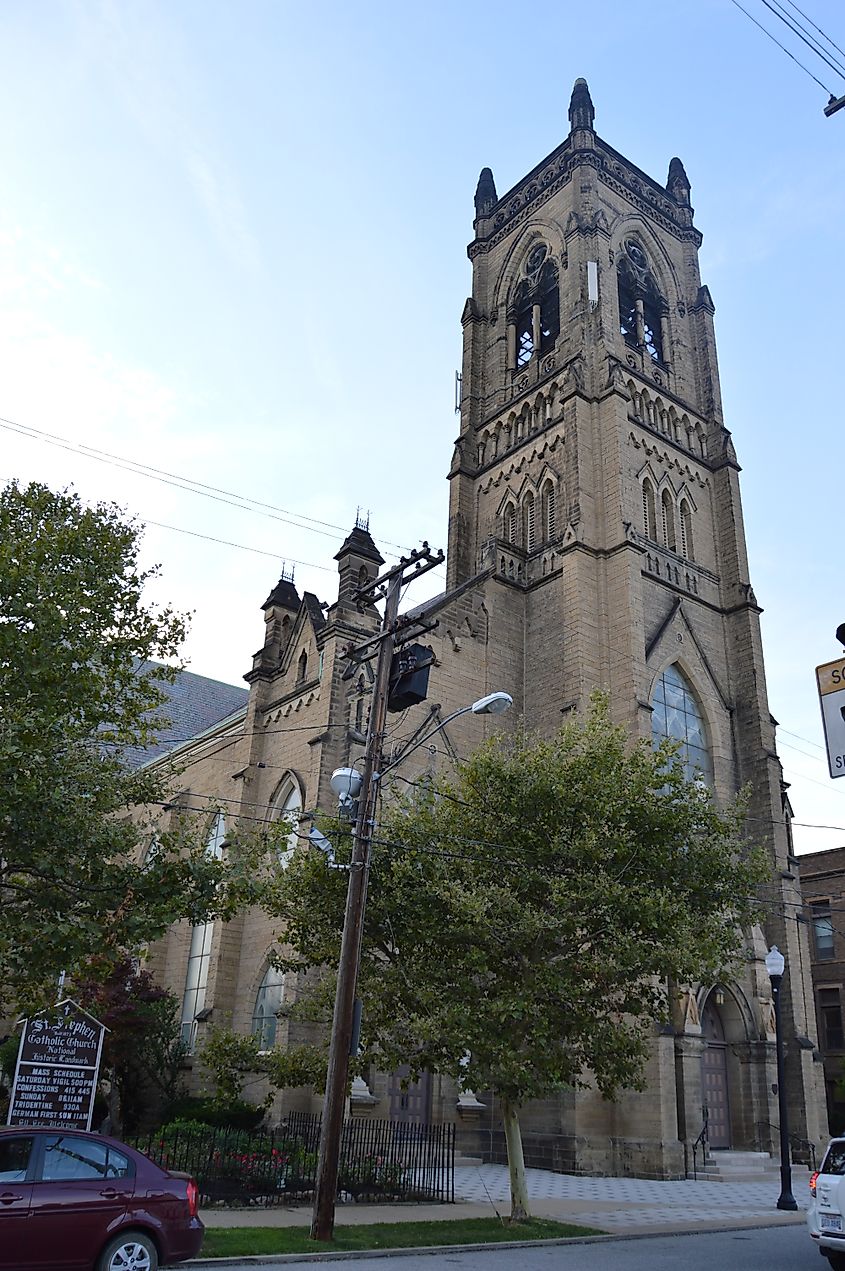 Southern side and front of St. Stephen's Catholic Church, located at 1930 W. Fifty-fourth Street in Cleveland, Ohio, United States.