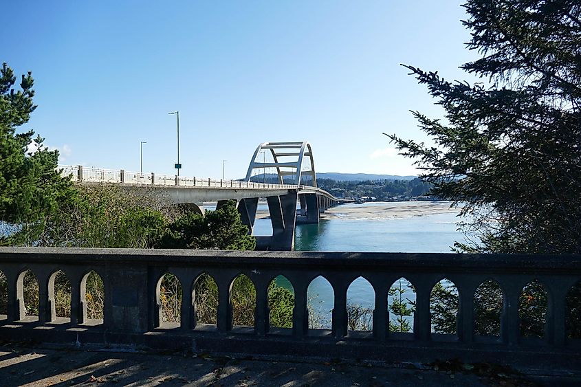 Bridge along the Alsea River in Waldport, Oregon.