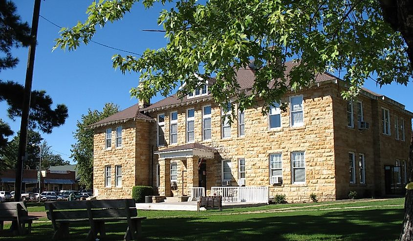 Brick facade of the City Hall in Mountain View, Arkansas.