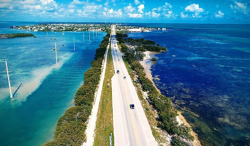 Aerial view of famous bridges and islands in the way to Key West, Florida Keys, United States. Great landscape. Vacation travel. Travel destination. Tropical scenery. Caribbean sea