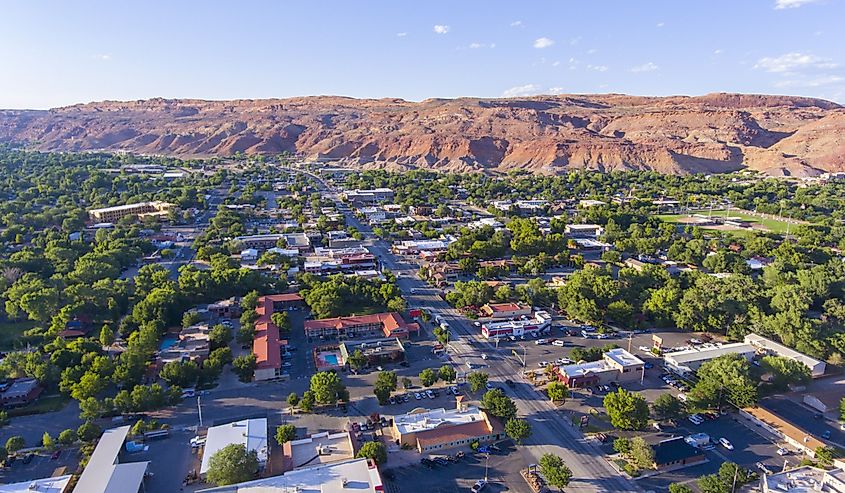Moab city center and historic buildings aerial view in summer, Utah