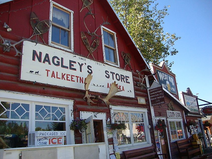 Nagley's Store in Talkeetna, Alaska, a red-painted log-and-clapboard general store on Main Street.