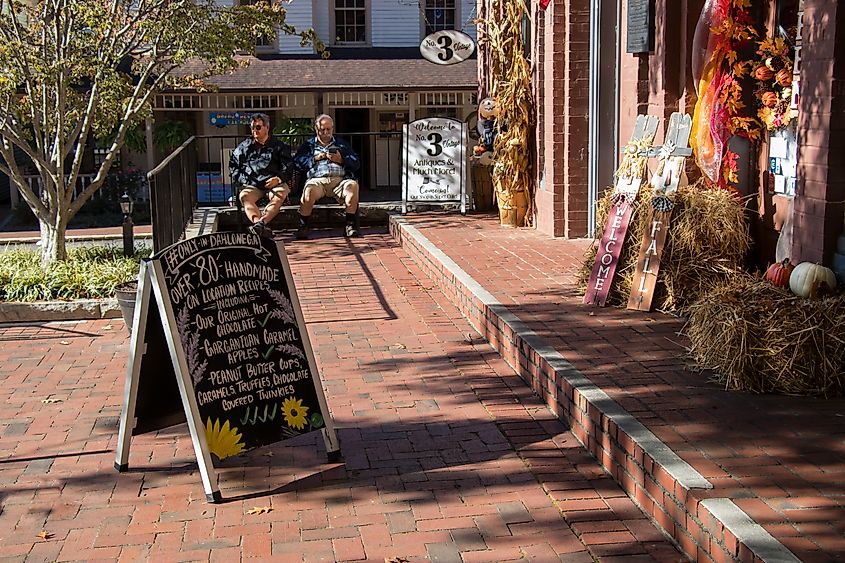 Seasonal harvest-themed outdoor decorations at a gift shop in downtown Dahlonega, Georgia.