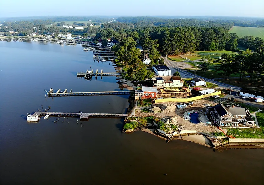 Aerial view of waterfront homes with private docks near Millsboro, Delaware.