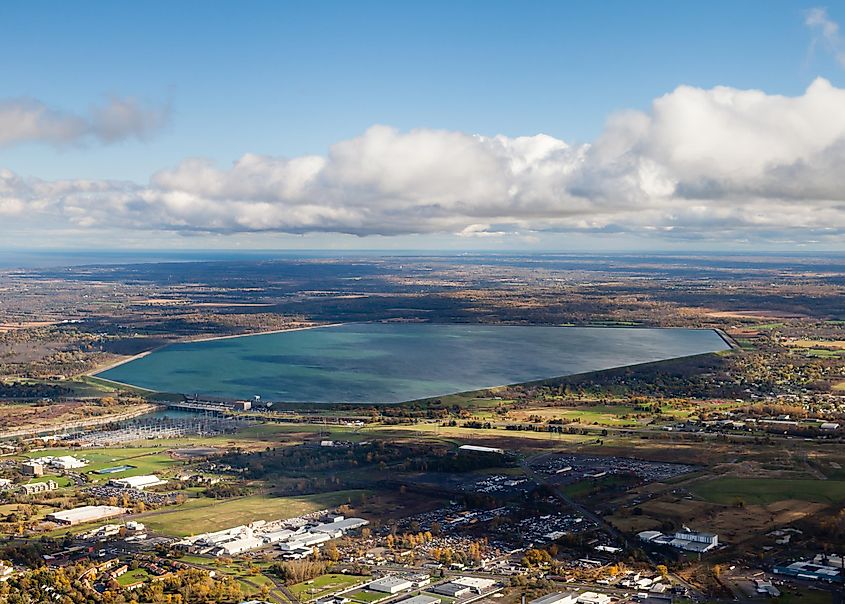 Robert Moses Niagara Power Station. An aerial view of the Robert Moses Hydroelectric Niagara Power Station in Lewiston, New York. The power station diverts water from the Niagara River.