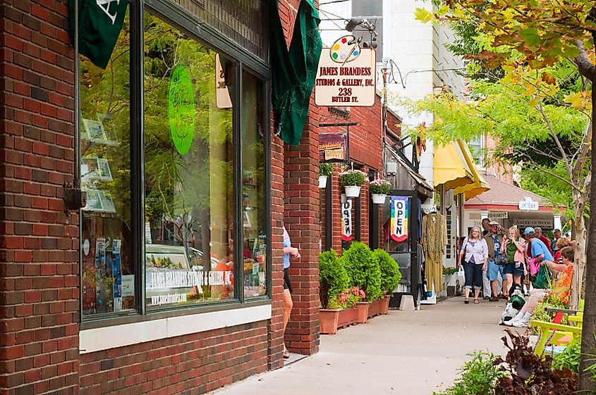 Shops and galleries line Butler Street in Saugatuck, Michigan.