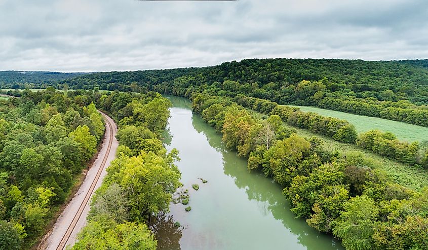 Aerial flight over the Spring River next to the BNSF railroad in Hardy, Arkansas