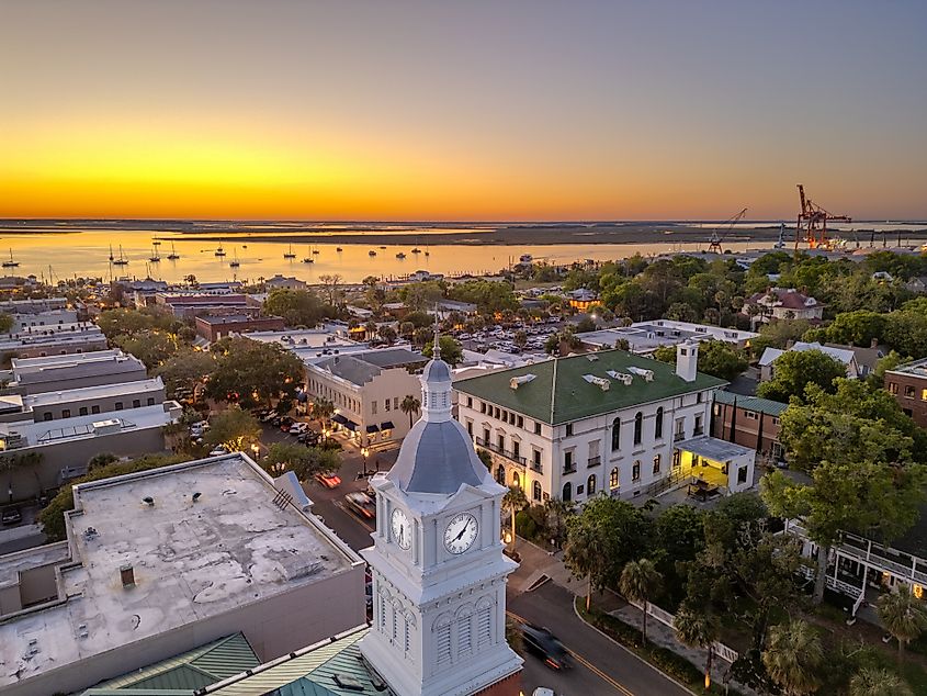 Historic downtown cityscape of Fernandina Beach, Florida, at dusk, with its charming streets and beautifully preserved buildings illuminated by soft evening light.