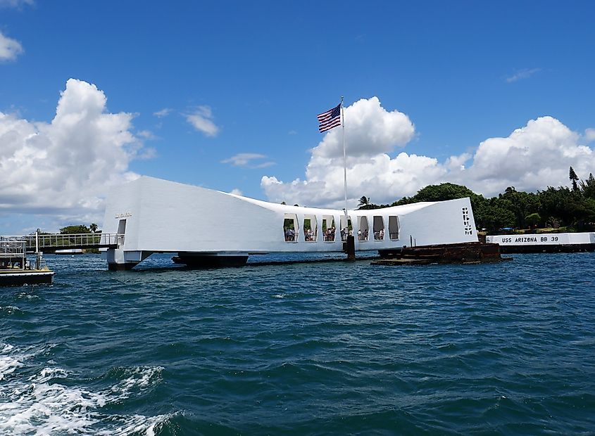 The USS Arizona Memorial at Pearl Harbor on Oahu, Hawaii.